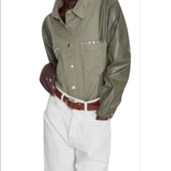 Zara Green XS Contrast Faux Leather Studded Jacket - Picture 3 of 10